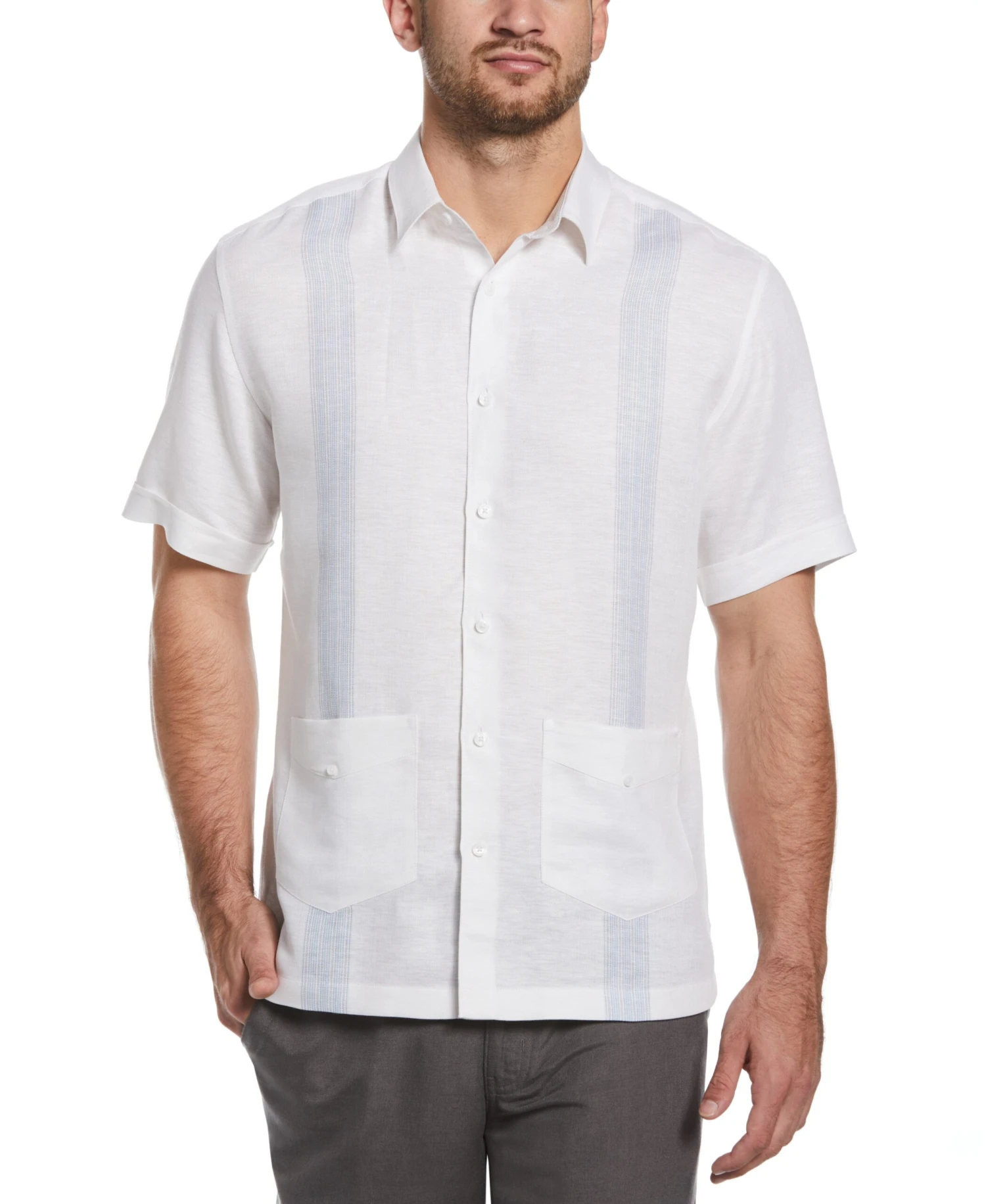 Big & Tall Striped Panel Double Lower Pocket Guayabera Shirt 1 Big & Tall Striped Panel Double Lower Pocket Guayabera Shirt