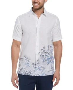 Linen Blend Asymmetric Reverse Bamboo Leaf Print Shirt