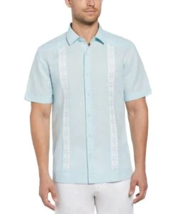 Linen Blend Embroidered Panel Guayabera Shirt