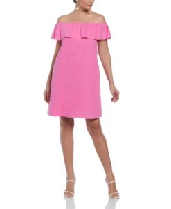 Linen Blend Off-Shoulder Knee-Length Dress