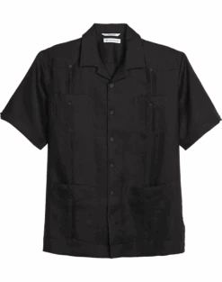 Cubavera Modern Fit Short Sleeve Linen Guayabera Shirt, Black