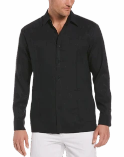 Cubavera Modern Fit Linen Guayabera Shirt, Black