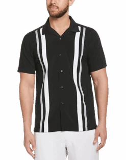 Cubavera Modern Fit Camp Collar Shirt, White Tri-Color Panels