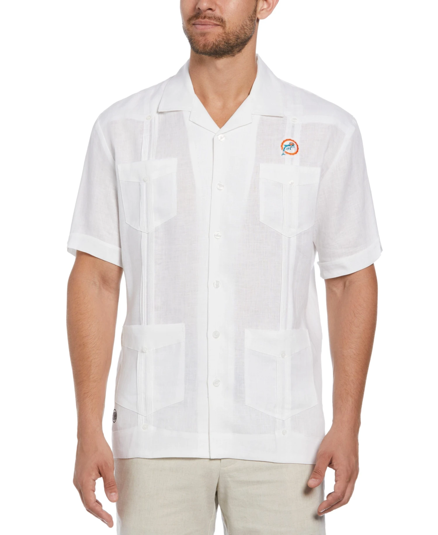 Miami Dolphins Throwback Logo Linen Short Sleeve 4 Pocket Guayabera 1 Miami Dolphins Throwback Logo Linen Short Sleeve 4 Pocket Guayabera