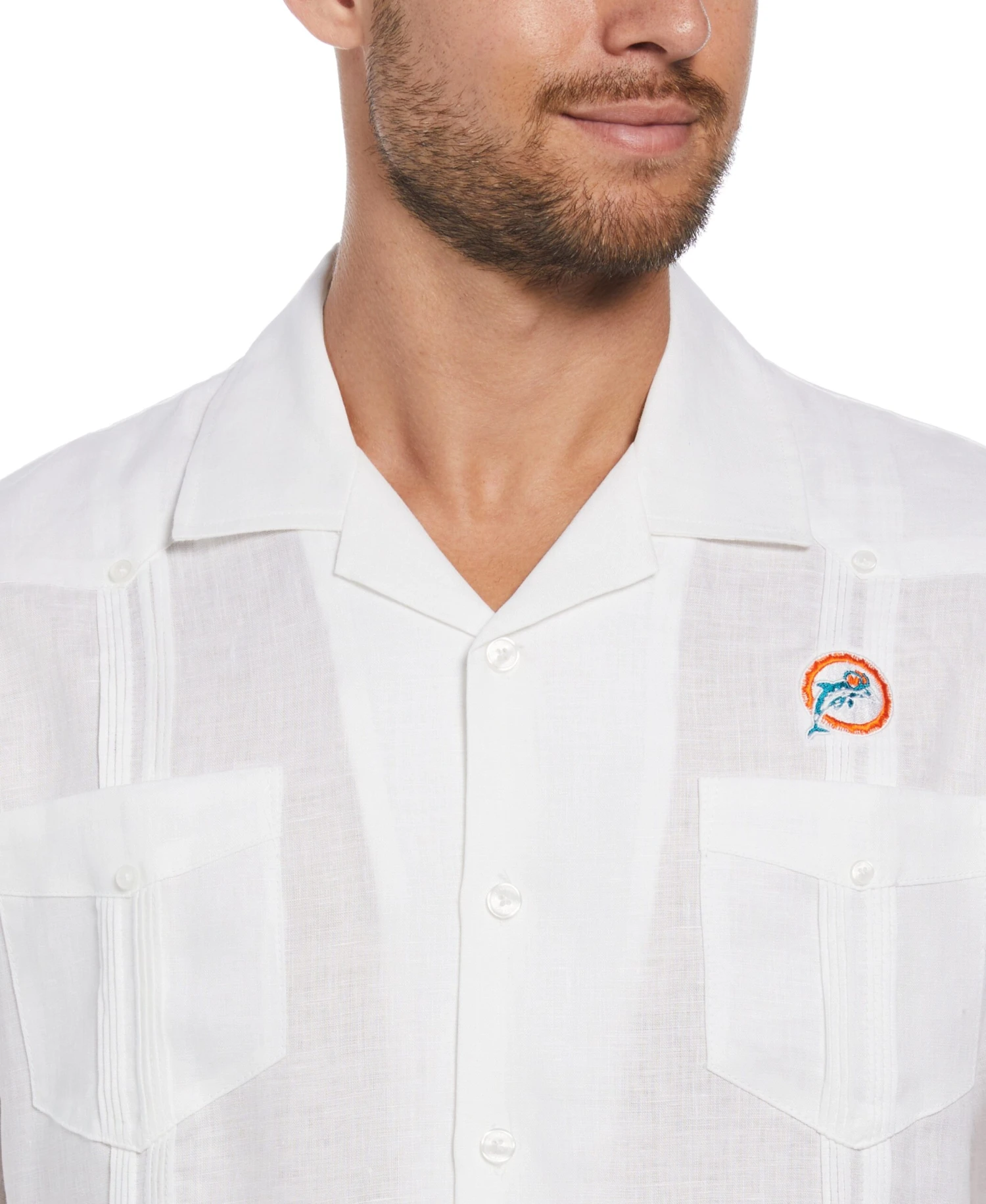 Miami Dolphins Throwback Logo Linen Short Sleeve 4 Pocket Guayabera 3 Miami Dolphins Throwback Logo Linen Short Sleeve 4 Pocket Guayabera - Image 3